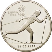 Canada 20 Dollars Cross-country Skiing 1986 Proof KM# 150 CALGARY 1988 20 DOLLARS coin reverse Canada 20 Dollars Cross-country Skiing 1986 Proof KM# 150 CALGARY 1988 20 DOLLARS coin reverse