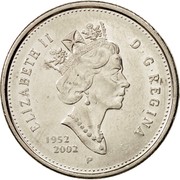 Canada 25 Cents 50th anniversary of the succession of Elizabeth II to the throne of England 1952-2002 1952-2002 P KM# 448 ELIZABETH II D ∙ G ∙ REGINA 1952 2002 P coin obverse Canada 25 Cents 50th anniversary of the succession of Elizabeth II to the throne of England 1952-2002 1952-2002 P KM# 448 ELIZABETH II D ∙ G ∙ REGINA 1952 2002 P coin obverse
