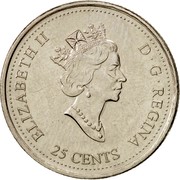 Canada 25 Cents Achievement 2000 KM# 381 25 CENTS ELIZABETH II D ∙ G ∙ REGINA coin obverse Canada 25 Cents Achievement 2000 KM# 381 25 CENTS ELIZABETH II D ∙ G ∙ REGINA coin obverse