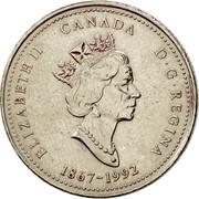 Canada 25 Cents British Columbia (1992) KM# 232 ELIZABETH II D ∙ G ∙ REGINA CANADA 1867-1992 coin obverse Canada 25 Cents British Columbia (1992) KM# 232 ELIZABETH II D ∙ G ∙ REGINA CANADA 1867-1992 coin obverse