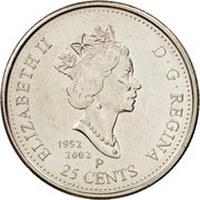 Canada 25 Cents Canada Day 2002 P KM# 451 ELIZABETH II D ∙ G ∙ REGINA 1952 2002 P 25 CENTS coin obverse Canada 25 Cents Canada Day 2002 P KM# 451 ELIZABETH II D ∙ G ∙ REGINA 1952 2002 P 25 CENTS coin obverse