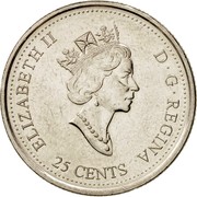 Canada 25 Cents Freedom - November 2000 KM# 374 25 CENTS ELIZABETH II D ∙ G ∙ REGINA coin obverse Canada 25 Cents Freedom - November 2000 KM# 374 25 CENTS ELIZABETH II D ∙ G ∙ REGINA coin obverse