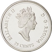 Canada 25 Cents January - Pride 2000 Proof KM# 384.2a ELIZABETH II D ∙ G ∙ REGINA 25 CENTS coin obverse Canada 25 Cents January - Pride 2000 Proof KM# 384.2a ELIZABETH II D ∙ G ∙ REGINA 25 CENTS coin obverse