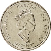 Canada 25 Cents New Brunswick (1992) KM# 203 ELIZABETH II CANADA D G REGINA 1867-1992 coin obverse Canada 25 Cents New Brunswick (1992) KM# 203 ELIZABETH II CANADA D G REGINA 1867-1992 coin obverse