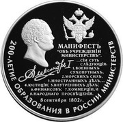 Russia 25 Roubles 200th Anniversary of Founding the Ministries in Russia 2002 ММД Proof Y# 777 200-ЛЕТИЕ ОБРАЗОВАНИЯ В РОССИИ МИНИСТЕРСТВ МАНИФЕСТЬ "ОБЪ УЧРЕЖДЕНІИ МИНИСТЕРСТВЪ". ...СІИ СУТЬ СЛѢДУЮЩІЯ: 1. ВОЕННЫХЪ СУХОПУТНЫХЪ, 2. МОРСКИХЪ СИЛЪ, 3. ИНОСТРАННЫХЪ ДѢЛЪ, ... 4. ЮСТИЦІИ; 5. ВНУТРЕННИХЪ ДѢЛЪ; 6. ФИНАНСОВЪ, 7. КОММЕРЦІИ, И 8. НАРОДНАГО ПРОСВѢЩЕНІЯ 8 СЕНТЯБРЯ 1802 Г. coin reverse Russia 25 Roubles 200th Anniversary of Founding the Ministries in Russia 2002 ММД Proof Y# 777 200-ЛЕТИЕ ОБРАЗОВАНИЯ В РОССИИ МИНИСТЕРСТВ МАНИФЕСТЬ "ОБЪ УЧРЕЖДЕНІИ МИНИСТЕРСТВЪ". ...СІИ СУТЬ СЛѢДУЮЩІЯ: 1. ВОЕННЫХЪ СУХОПУТНЫХЪ, 2. МОРСКИХЪ СИЛЪ, 3. ИНОСТРАННЫХЪ ДѢЛЪ, ... 4. ЮСТИЦІИ; 5. ВНУТРЕННИХЪ ДѢЛЪ; 6. ФИНАНСОВЪ, 7. КОММЕРЦІИ, И 8. НАРОДНАГО ПРОСВѢЩЕНІЯ 8 СЕНТЯБРЯ 1802 Г. coin reverse