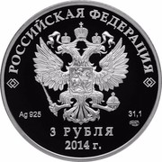 Russia 3 Roubles 2014 Winter Olympics, Sochi - Freestyle Skiing 2014 Proof Y# 1478 РОССИЙСКАЯ ФЕДЕРАЦИЯ AG 925 31,1 СПМД 3 РУБЛЯ 2014 Г. coin obverse