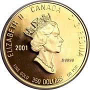 Canada 350 Dollars Nova Scotia Mayflower 2001 Proof KM# 433 ELIZABETH II CANADA D∙ G∙ REGINA 2001 .99999 FINE GOLD 350 DOLLARS OR PUR coin obverse Canada 350 Dollars Nova Scotia Mayflower 2001 Proof KM# 433 ELIZABETH II CANADA D∙ G∙ REGINA 2001 .99999 FINE GOLD 350 DOLLARS OR PUR coin obverse