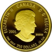 Canada 350 Dollars Western Red Lily 2005 Proof KM# 601 ELIZABETH II CANADA D ∙ G ∙ REGINA 2005 .99999 FINE GOLD 350 DOLLARS OR PUR coin obverse Canada 350 Dollars Western Red Lily 2005 Proof KM# 601 ELIZABETH II CANADA D ∙ G ∙ REGINA 2005 .99999 FINE GOLD 350 DOLLARS OR PUR coin obverse