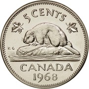 Canada 5 Cents Beaver 1968 KM# 60.1 5 CENTS K∙ G CANADA DATE coin reverse Canada 5 Cents Beaver 1968 KM# 60.1 5 CENTS K∙ G CANADA DATE coin reverse