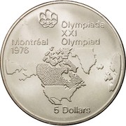 Canada 5 Dollars Elizabeth II Map of North America 1973 KM# 85 OLYMPIADE XXI MONTRÉAL OLYMPIAD 1976 5 DOLLARS coin reverse