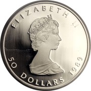Canada 50 Dollars Maple Leaf 1989 Proof KM# 167 ELIZABETH II 50 DOLLARS 1989 coin obverse Canada 50 Dollars Maple Leaf 1989 Proof KM# 167 ELIZABETH II 50 DOLLARS 1989 coin obverse