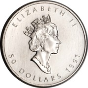 Canada 50 Dollars Maple Leaf 1991 KM# 195 ELIZABETH II 50 DOLLARS 1991 coin obverse Canada 50 Dollars Maple Leaf 1991 KM# 195 ELIZABETH II 50 DOLLARS 1991 coin obverse