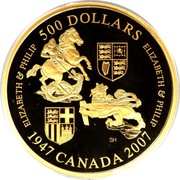 Canada 500 Dollars Elizabeth II Wedding 2007 KM# 710 ELIZABETH & PHILIP 500 DOLLARS ELIZABETH & PHILIP SH 1947 CANADA 2007 coin reverse Canada 500 Dollars Elizabeth II Wedding 2007 KM# 710 ELIZABETH & PHILIP 500 DOLLARS ELIZABETH & PHILIP SH 1947 CANADA 2007 coin reverse