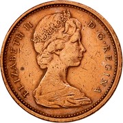 Canada Cent Elizabeth II 2nd portrait 1966 KM# 59.1 ELIZABETH II D∙G∙REGINA coin obverse Canada Cent Elizabeth II 2nd portrait 1966 KM# 59.1 ELIZABETH II D∙G∙REGINA coin obverse