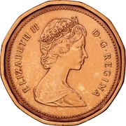 Canada Cent Elizabeth II 2nd portrait 1986 Proof KM# 132 ELIZABETH II D∙G∙REGINA coin obverse Canada Cent Elizabeth II 2nd portrait 1986 Proof KM# 132 ELIZABETH II D∙G∙REGINA coin obverse