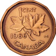 Canada Cent Elizabeth II 2nd portrait 1986 Proof KM# 132 1 CENT K∙G CANADA coin reverse Canada Cent Elizabeth II 2nd portrait 1986 Proof KM# 132 1 CENT K∙G CANADA coin reverse
