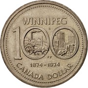 Canada Dollar Winnipeg Centennial 1974 KM# 88 WINNIPEG 1874-1974 CANADA DOLLAR PP PB coin reverse Canada Dollar Winnipeg Centennial 1974 KM# 88 WINNIPEG 1874-1974 CANADA DOLLAR PP PB coin reverse