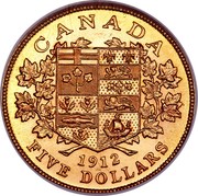 Canada Five Dollars George V 1912 KM# 26 CANADA FIVE DOLLARS coin reverse Canada Five Dollars George V 1912 KM# 26 CANADA FIVE DOLLARS coin reverse