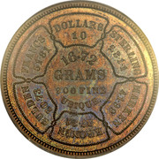 USA 10 Dollars Bickford Eagle Pattern 1874  DOLLARS 10 STERLING £2∙1∙1 MARKEN 41∙99 KRONEN 37∙31 GULDEN 20∙73 FRANCS 51∙81 16.72 GRAMS 900 FINE UBIQUE. coin reverse USA 10 Dollars Bickford Eagle Pattern 1874  DOLLARS 10 STERLING £2∙1∙1 MARKEN 41∙99 KRONEN 37∙31 GULDEN 20∙73 FRANCS 51∙81 16.72 GRAMS 900 FINE UBIQUE. coin reverse