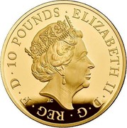 UK 10 Pounds Queen Elizabeth II Sapphire Coronation 2018 Proof 10 POUNDS ELIZABETH II D G REG F D coin obverse UK 10 Pounds Queen Elizabeth II Sapphire Coronation 2018 Proof 10 POUNDS ELIZABETH II D G REG F D coin obverse