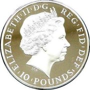 UK 10 Pounds Year of the Sheep 2015 Proof ELIZABETH'II'D'G REG'FID'DEF'10'POUNDS' IRB coin obverse UK 10 Pounds Year of the Sheep 2015 Proof ELIZABETH'II'D'G REG'FID'DEF'10'POUNDS' IRB coin obverse
