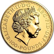 UK 100 Pounds Britannia 2008 'ELIZABETH'II'D'G REG'FID'DEF' '100'POUNDS' IRB coin obverse UK 100 Pounds Britannia 2008 'ELIZABETH'II'D'G REG'FID'DEF' '100'POUNDS' IRB coin obverse
