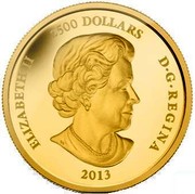 Canada 2500 Dollars The Caribou 2013 Proof KM# 1501 ELIZABETH II 2500 DOLLARS D∙G∙REGINA 2013 coin obverse Canada 2500 Dollars The Caribou 2013 Proof KM# 1501 ELIZABETH II 2500 DOLLARS D∙G∙REGINA 2013 coin obverse