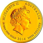 Australia 30000 Dollars (Year of the Horse) KM# 2109 ELIZABETH II AUSTRALIA 1O KILO 9999 GOLD 2014 30000 DOLLARS IRB coin obverse Australia 30000 Dollars (Year of the Horse) KM# 2109 ELIZABETH II AUSTRALIA 1O KILO 9999 GOLD 2014 30000 DOLLARS IRB coin obverse