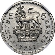 UK 5 Cents Elizabeth II (Decimal Pattern) 1961 KM# Pn141 CENTS 5 5 CENTS ∙ 1961 ∙ coin reverse UK 5 Cents Elizabeth II (Decimal Pattern) 1961 KM# Pn141 CENTS 5 5 CENTS ∙ 1961 ∙ coin reverse