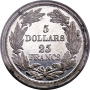 USA 5 Dollars (25 Francs) Pattern 1868 KM# Pn703 5 DOLLARS 25 FRANCS coin reverse USA 5 Dollars (25 Francs) Pattern 1868 KM# Pn703 5 DOLLARS 25 FRANCS coin reverse