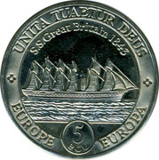 UK 5 ECU Mayflower 1995 UNITA TUAETUR DEUS S. S. GREAT BRITAIN 1843 EUROPE EUROPA 5 ECU coin reverse