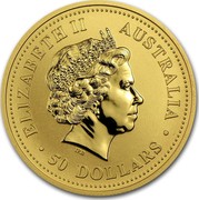 Australia 50 Dollars Australian Nugget 2001 ELIZABETH II AUSTRALIA 50 DOLLARS IRB coin obverse Australia 50 Dollars Australian Nugget 2001 ELIZABETH II AUSTRALIA 50 DOLLARS IRB coin obverse