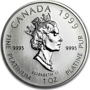 Canada 50 Dollars Endangered Polar Bear 1999 9995 CANADA 1999 FINE PLATINUM 1 OZ PLATINE PUR ELIZABETH II 9995 coin obverse Canada 50 Dollars Endangered Polar Bear 1999 9995 CANADA 1999 FINE PLATINUM 1 OZ PLATINE PUR ELIZABETH II 9995 coin obverse