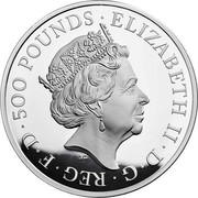 UK 500 Pounds Queen Elizabeth II Sapphire Coronation 2018 Proof 500 POUNDS ELIZABETH II D G REG F D coin obverse UK 500 Pounds Queen Elizabeth II Sapphire Coronation 2018 Proof 500 POUNDS ELIZABETH II D G REG F D coin obverse
