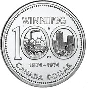 Canada Dollar Winnipeg Centennial 1974 Specimen KM# 88a WINNIPEG 100 1874-1974 CANADA DOLLAR coin reverse Canada Dollar Winnipeg Centennial 1974 Specimen KM# 88a WINNIPEG 100 1874-1974 CANADA DOLLAR coin reverse