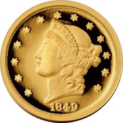 USA Double Eagle Pattern Smithsonian Collection 2017 Proof LIBERTY 1849 coin obverse USA Double Eagle Pattern Smithsonian Collection 2017 Proof LIBERTY 1849 coin obverse