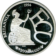 UK ECU Isaac Newton 1994 BRITANNIA 1994 ECU 999 coin obverse UK ECU Isaac Newton 1994 BRITANNIA 1994 ECU 999 coin obverse