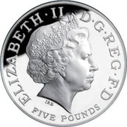 UK Five Pounds Accession of Elizabeth I (Piedfort) 2008 Proof KM# P67 ELIZABETH∙II D∙G REG∙F∙D FIVE POUNDS IRB coin obverse