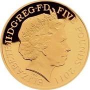 UK Five Pounds Royal Wedding 2011 Proof ELIZABETH∙II∙D∙G∙REG∙F∙D FIVE POUNDS∙2011 IRB coin obverse UK Five Pounds Royal Wedding 2011 Proof ELIZABETH∙II∙D∙G∙REG∙F∙D FIVE POUNDS∙2011 IRB coin obverse
