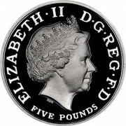 UK Five Pounds Vivat Regina Piedfort 2006 Proof KM# 1062c ELIZABETH II D G REG F D FIVE POUNDS IRB coin obverse UK Five Pounds Vivat Regina Piedfort 2006 Proof KM# 1062c ELIZABETH II D G REG F D FIVE POUNDS IRB coin obverse