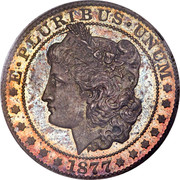 USA Half Dollar Morgan Pattern 1877 Proof; About 6 known E ∙ PLURIBUS UNUM 1877 coin obverse USA Half Dollar Morgan Pattern 1877 Proof; About 6 known E ∙ PLURIBUS UNUM 1877 coin obverse