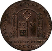 UK Halfpenny Bullen & Martins (Norfolk - Norwich) 1794 UNC PAYABLE TO BULLEN & MARTINS 1794 MARKET PLACE NORWICH coin obverse
