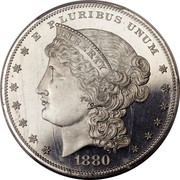 USA One Dollar Metric Pattern 1880 Proof; 5 known E PLURIBUS UMUM LIBERTY 1880 coin obverse USA One Dollar Metric Pattern 1880 Proof; 5 known E PLURIBUS UMUM LIBERTY 1880 coin obverse