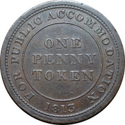 UK One Penny Token Newcastle The Cotton Works 1813 FOR PUBLIC ACCOMMODATION 1813 ONE PENNY TOKEN coin obverse UK One Penny Token Newcastle The Cotton Works 1813 FOR PUBLIC ACCOMMODATION 1813 ONE PENNY TOKEN coin obverse