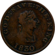 UK Penny John McTurk Isle of Man Token 1830 GOD : SAVE : THE : KING 1830 coin obverse UK Penny John McTurk Isle of Man Token 1830 GOD : SAVE : THE : KING 1830 coin obverse