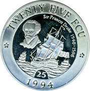 UK Twenty Five ECU Sir Francis Drake 1994 TWENTY FIVE ECU 1994 25 SIR FRANCIS DRAKE 1540-1596 coin reverse UK Twenty Five ECU Sir Francis Drake 1994 TWENTY FIVE ECU 1994 25 SIR FRANCIS DRAKE 1540-1596 coin reverse