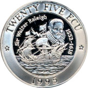 UK Twenty Five ECU Sir Walter Raleigh 1995 TWENTY FIVE ECU SIR WALTER RELEIGH 1552-1618 1995 coin reverse UK Twenty Five ECU Sir Walter Raleigh 1995 TWENTY FIVE ECU SIR WALTER RELEIGH 1552-1618 1995 coin reverse