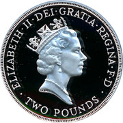 UK Two Pounds United Nations (Piedfort) 1995 Proof KM# P22 ELIZABETH∙II∙DEI∙GRATIA∙REGINA∙F∙D ∙ TWO POUNDS ∙ RDM coin obverse UK Two Pounds United Nations (Piedfort) 1995 Proof KM# P22 ELIZABETH∙II∙DEI∙GRATIA∙REGINA∙F∙D ∙ TWO POUNDS ∙ RDM coin obverse