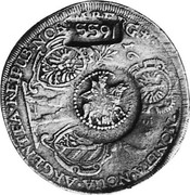 Russia Yefimok 1655 KM# 406 Empire Countermarked coinage 1655 MONETA NOUA ARGENTEA REIPUB NORIMBERG 1635 coin obverse Russia Yefimok 1655 KM# 406 Empire Countermarked coinage 1655 MONETA NOUA ARGENTEA REIPUB NORIMBERG 1635 coin obverse