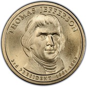 USA $1 Thomas Jefferson 2007 D Satin Finish KM# 403 THOMAS JEFFERSON 3RD PRESIDENT 1801-1809 JFM coin obverse USA $1 Thomas Jefferson 2007 D Satin Finish KM# 403 THOMAS JEFFERSON 3RD PRESIDENT 1801-1809 JFM coin obverse